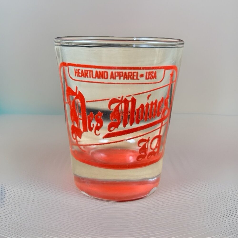 Des Moines, Iowa USA American Apparel Red Bottom Shot glass 2.5” Souvenir Bar